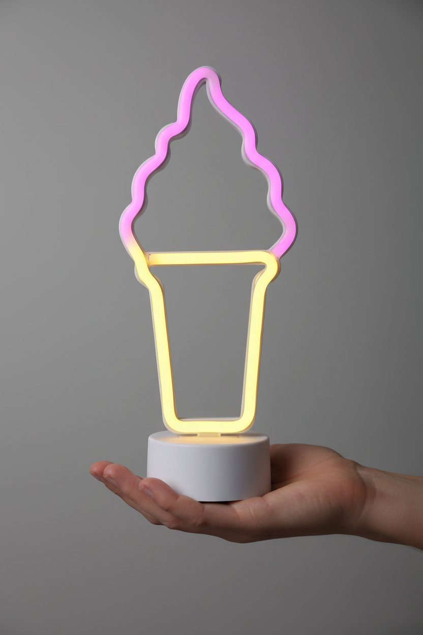 Lampada neon a forma di gelato con cono giallo e soffice rosa, tenuta in mano su sfondo grigio