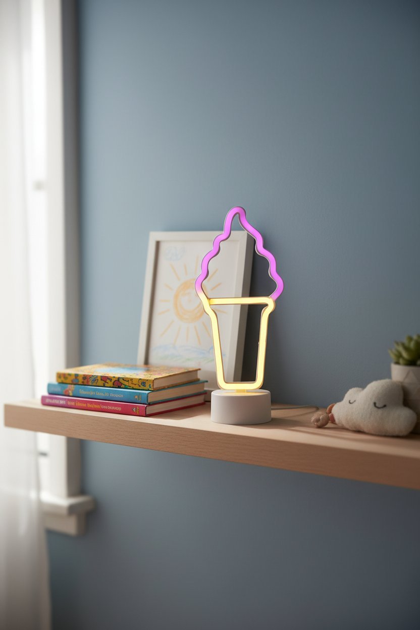 Lampada neon gelato rosa e giallo su scaffale in legno con libri e decorazioni
