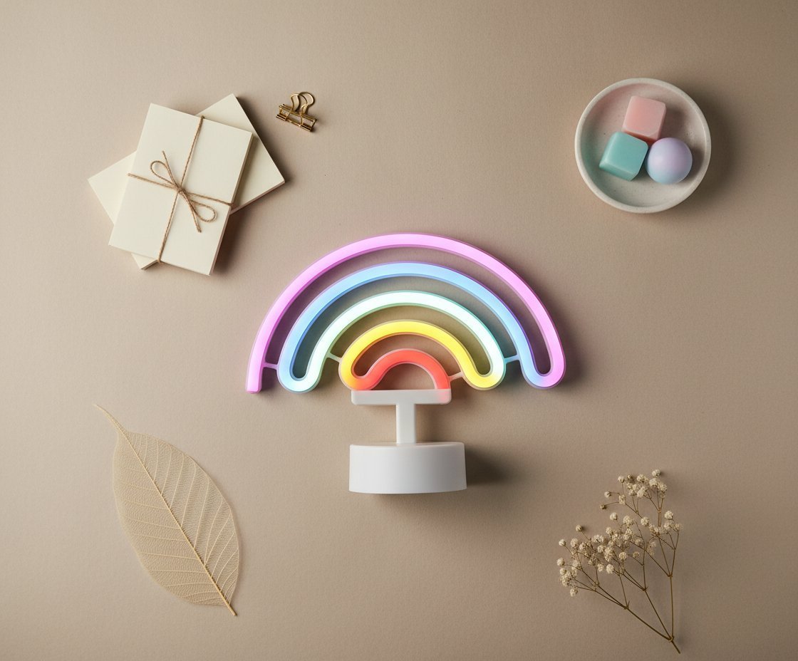Lampada neon rainbow multicolore con arco iris luminoso su base bianca, circondata da accessori decorativi su fondo beige