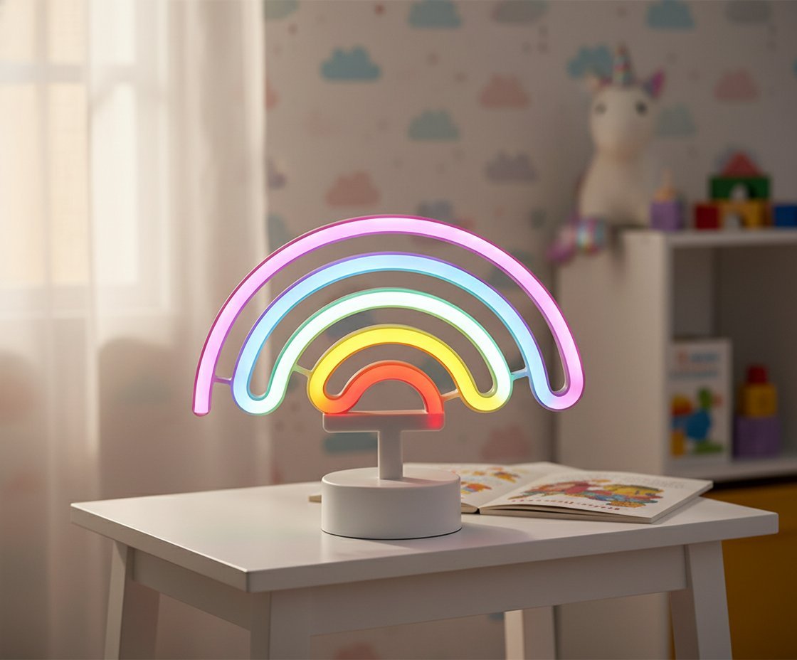 Lampada neon arcobaleno multicolore con struttura ad arco in stile rainbow, base bianca, su scrivania in cameretta luminosa
