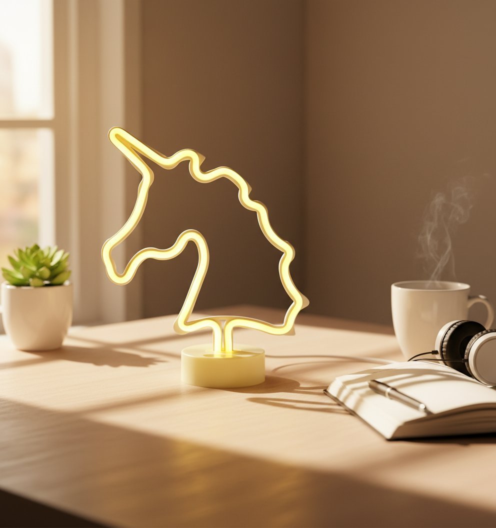 Lampada neon unicorno giallo dorato su scrivania luminosa con piante e accessori