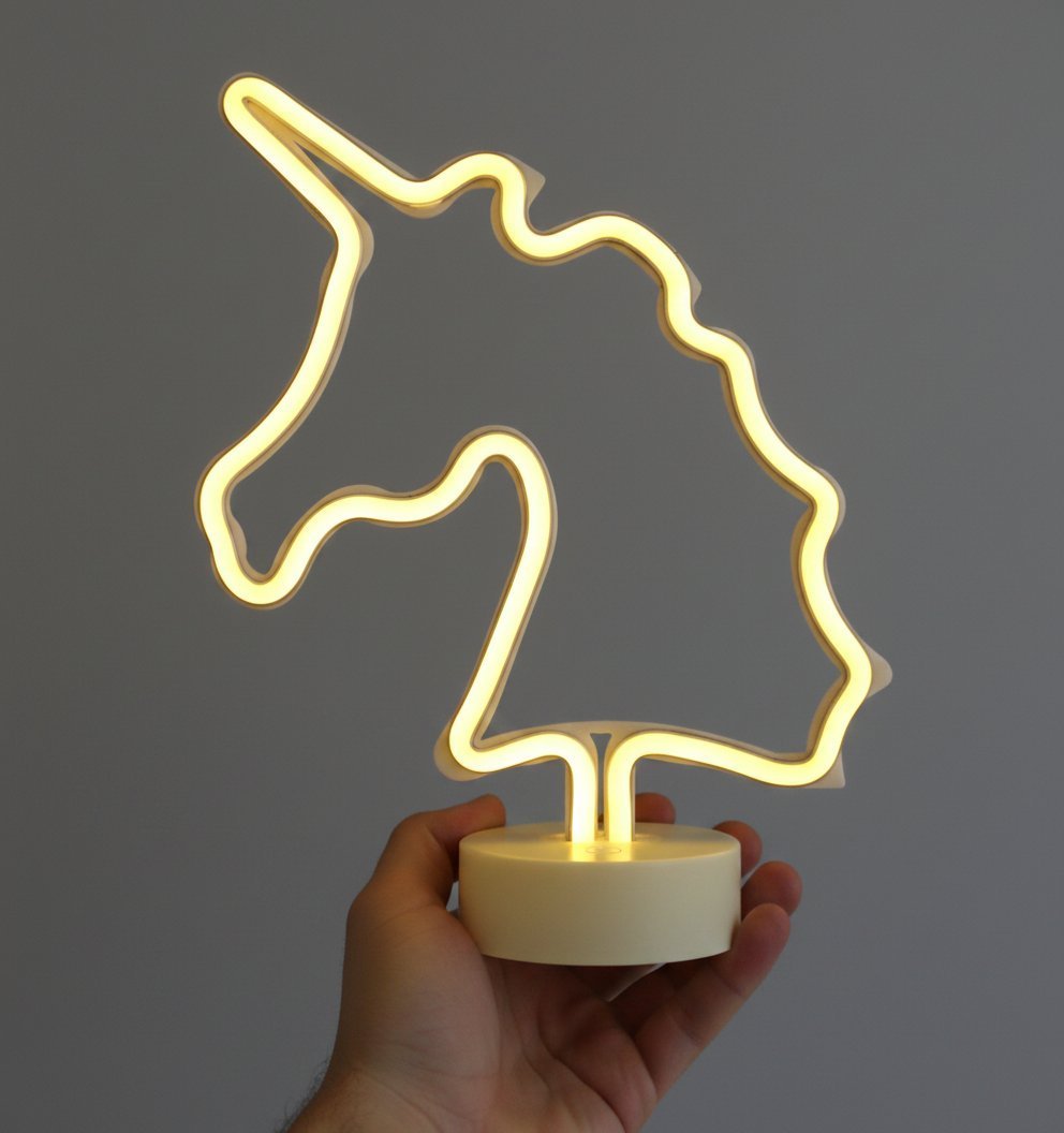 Lampada neon unicorno dorato in mano, tubo luminoso a forma di testa di unicorno con base bianca su sfondo grigio