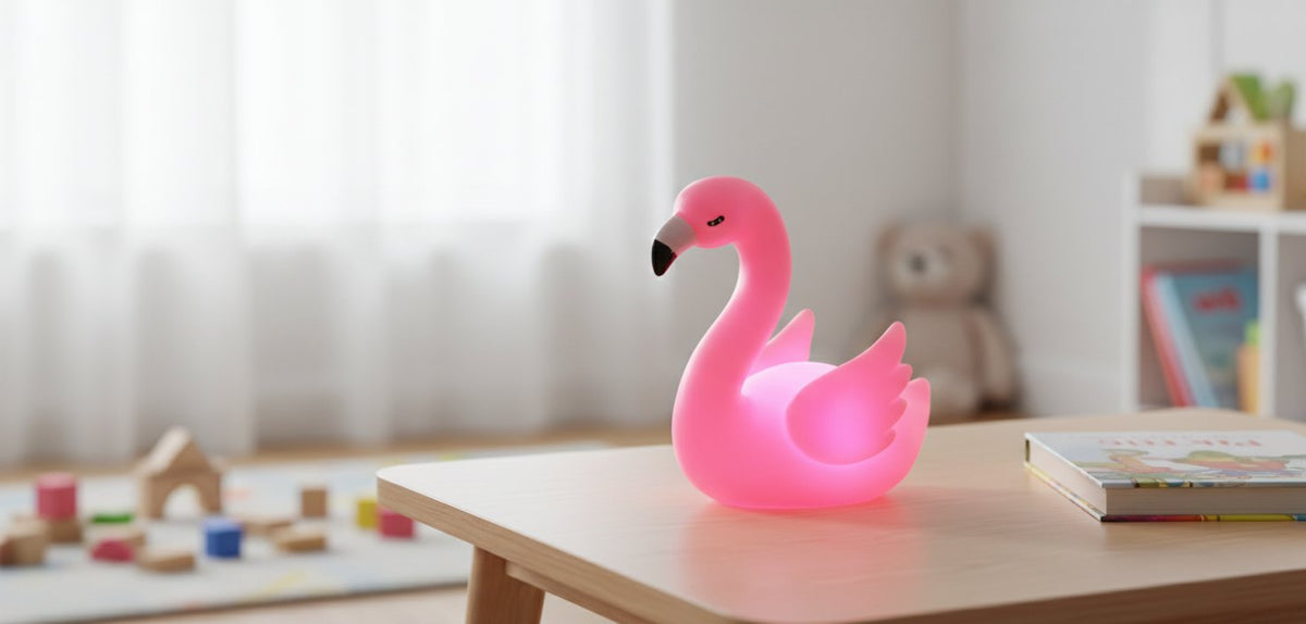 Lampada punto luce flamingo rosa neon in camera bambini con libri e giocattoli