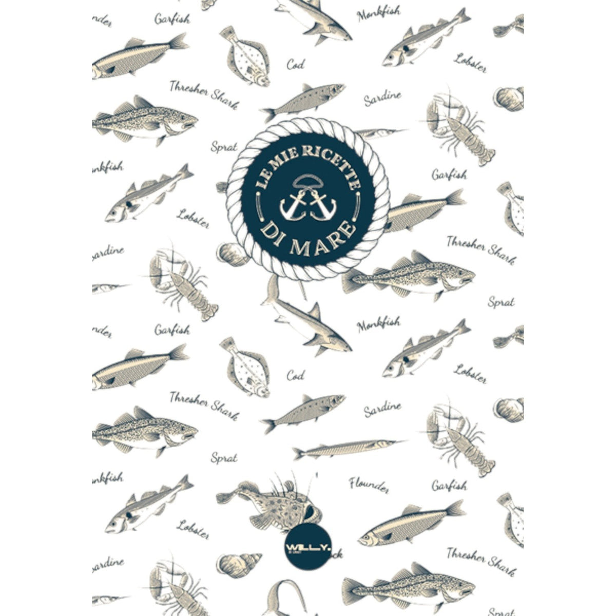 Libro ricette mare con illustrazioni di pesci e crostacei in tonalità blu e beige, logo ancora centrale