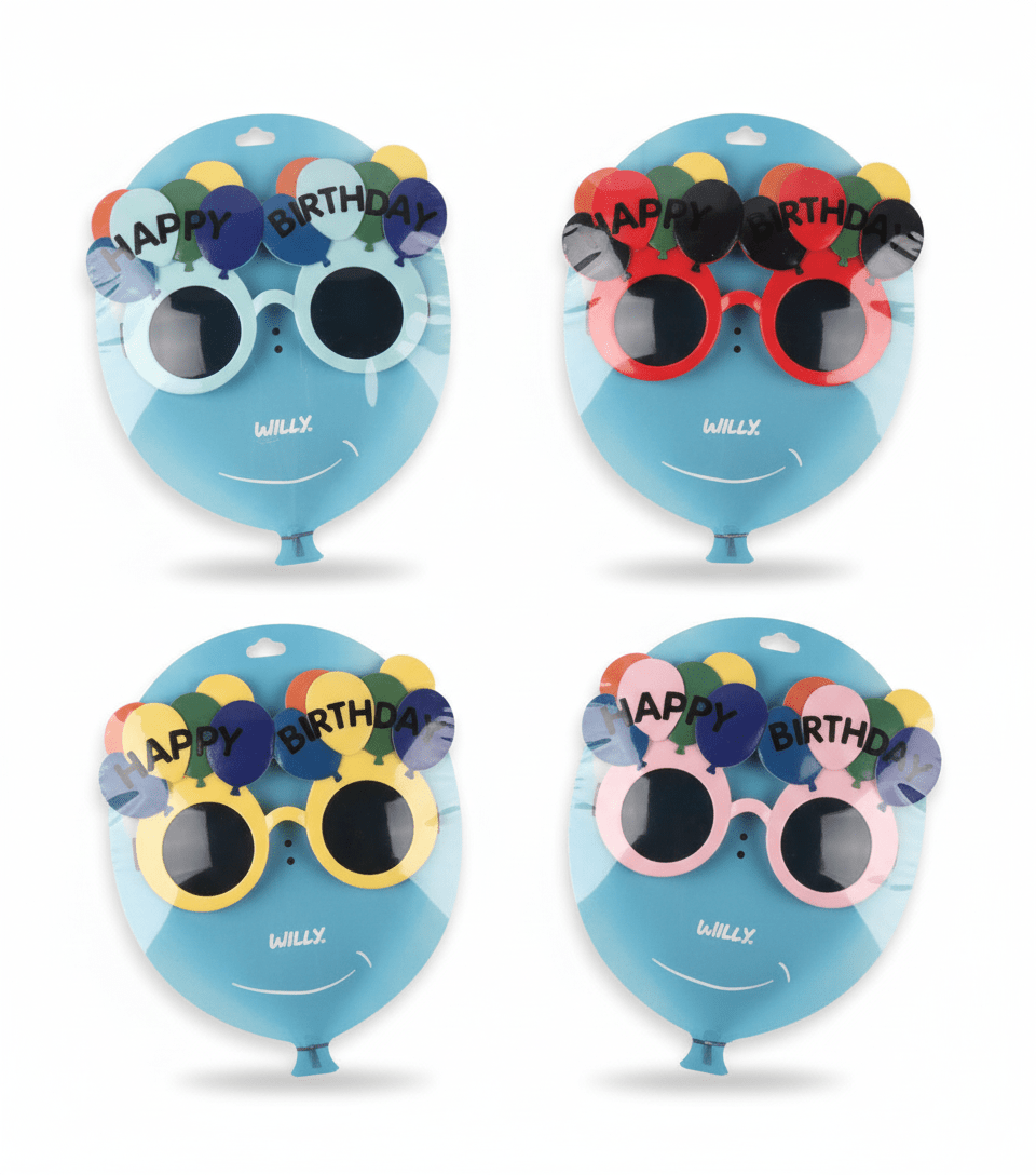 Maschera party Happy Birthday con occhiali rotondi colorati e palloncini decorativi, disponibile in 4 varianti di colore