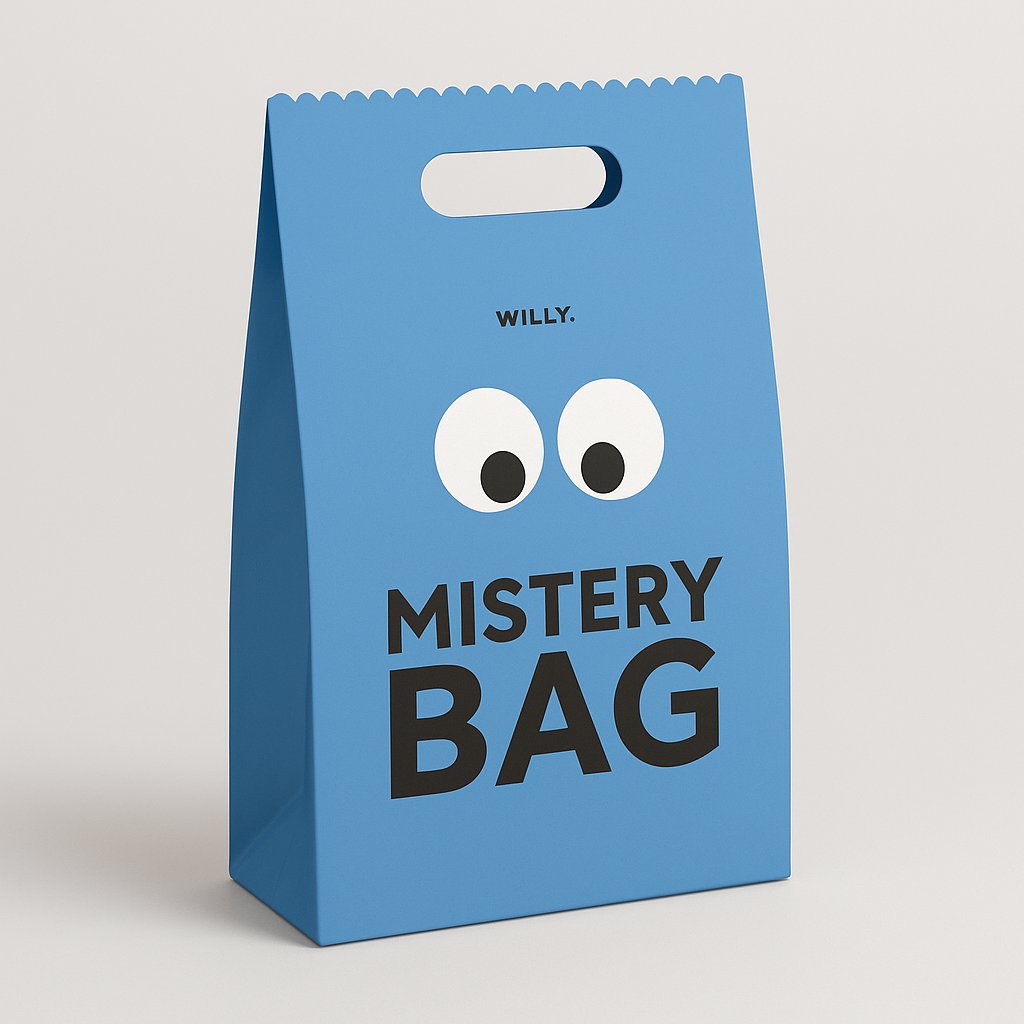 Shopper blu con manici, design simpatico con occhi e scritta Mystery Bag Willy