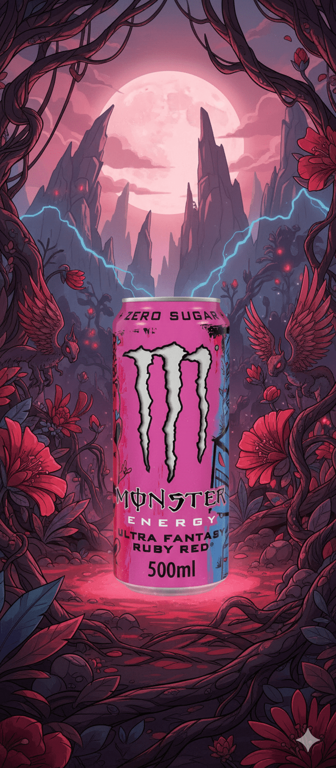 Monster Ultra Fantasy Ruby Red 500ml, bevanda energetica rosa acceso con paesaggio fantasy surreale e luna piena