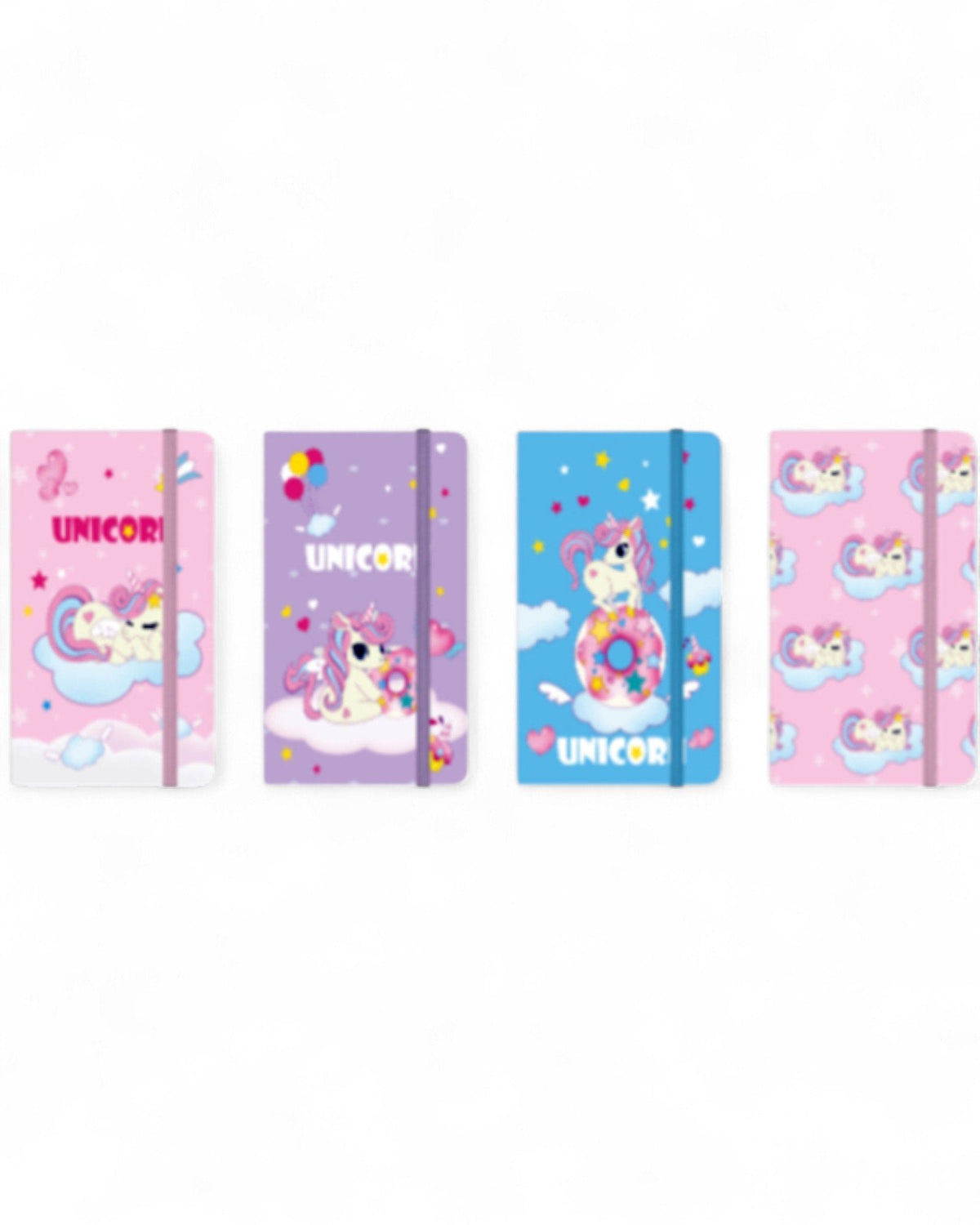 Notebook A6 con laccio elastico fantasia unicorno, disponibile in 4 colori: rosa, viola, blu e rosa con motivi ripetuti