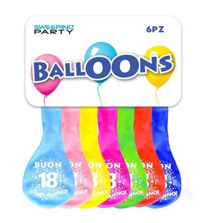 Confezione di sei palloncini colorati con numero 18 glitterato, in blu, rosa, giallo, magenta, verde e rosso per feste di com