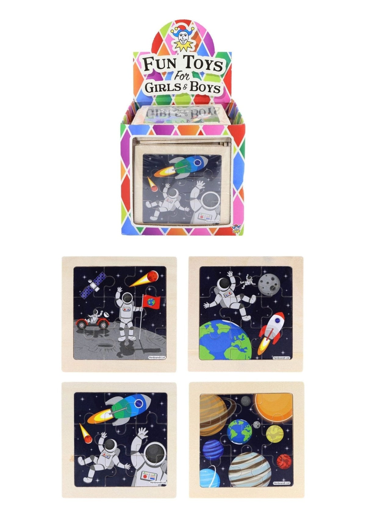 Puzzle spazio legno con astronauti, razzi colorati e pianeti. Gioco educativo per bambini con fantasia cosmica su sfondo nero