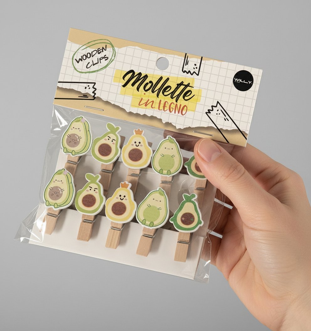 Set 10 mollette legno con design avocado colorato, perfette per organizzare e decorare con stile