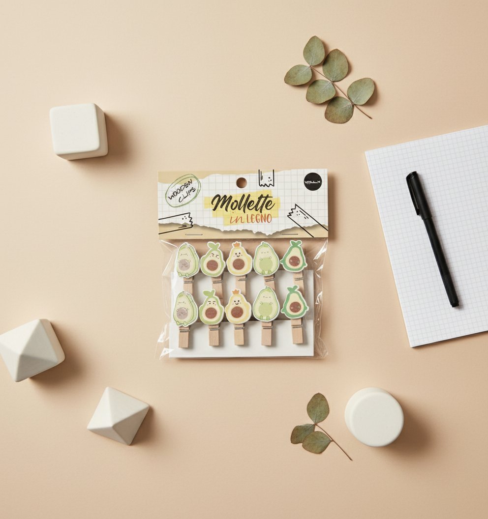 Set 10 mollette in legno con design avocado colorato, perfette per decorare e organizzare