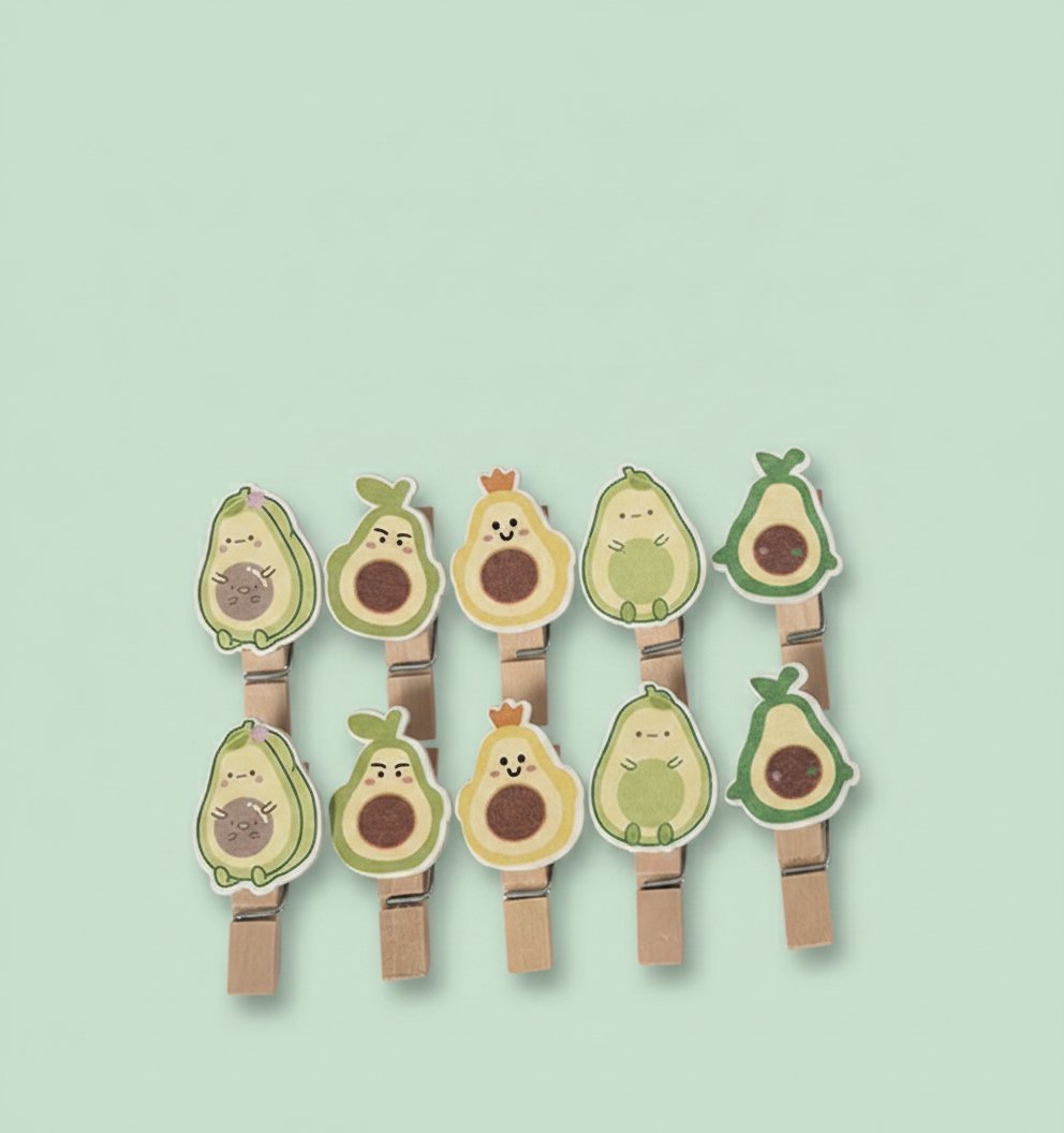 Set 10 mollette legno con avocado kawaii colorati, sorrisi e dettagli su fondo turchese pastello