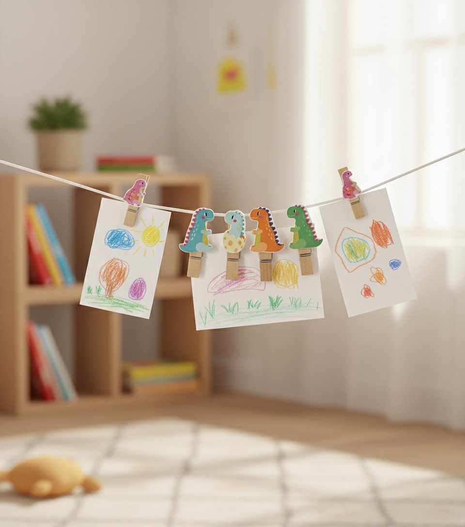 Mollette legno dinosauri colorati appendono disegni bambini su corda con clip rosa