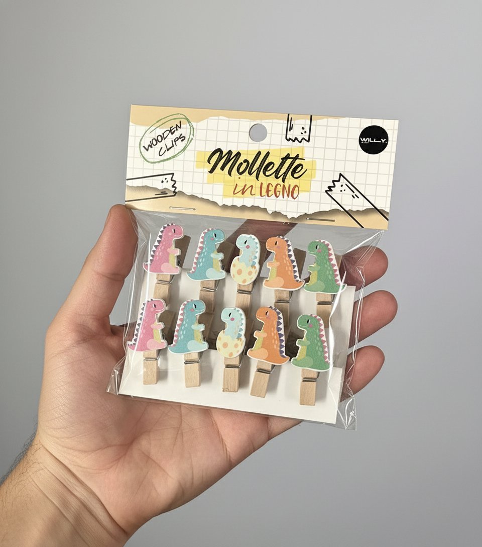 Set 10 mollette legno con dinosauri colorati, clip in legno naturale per foto e decorazioni