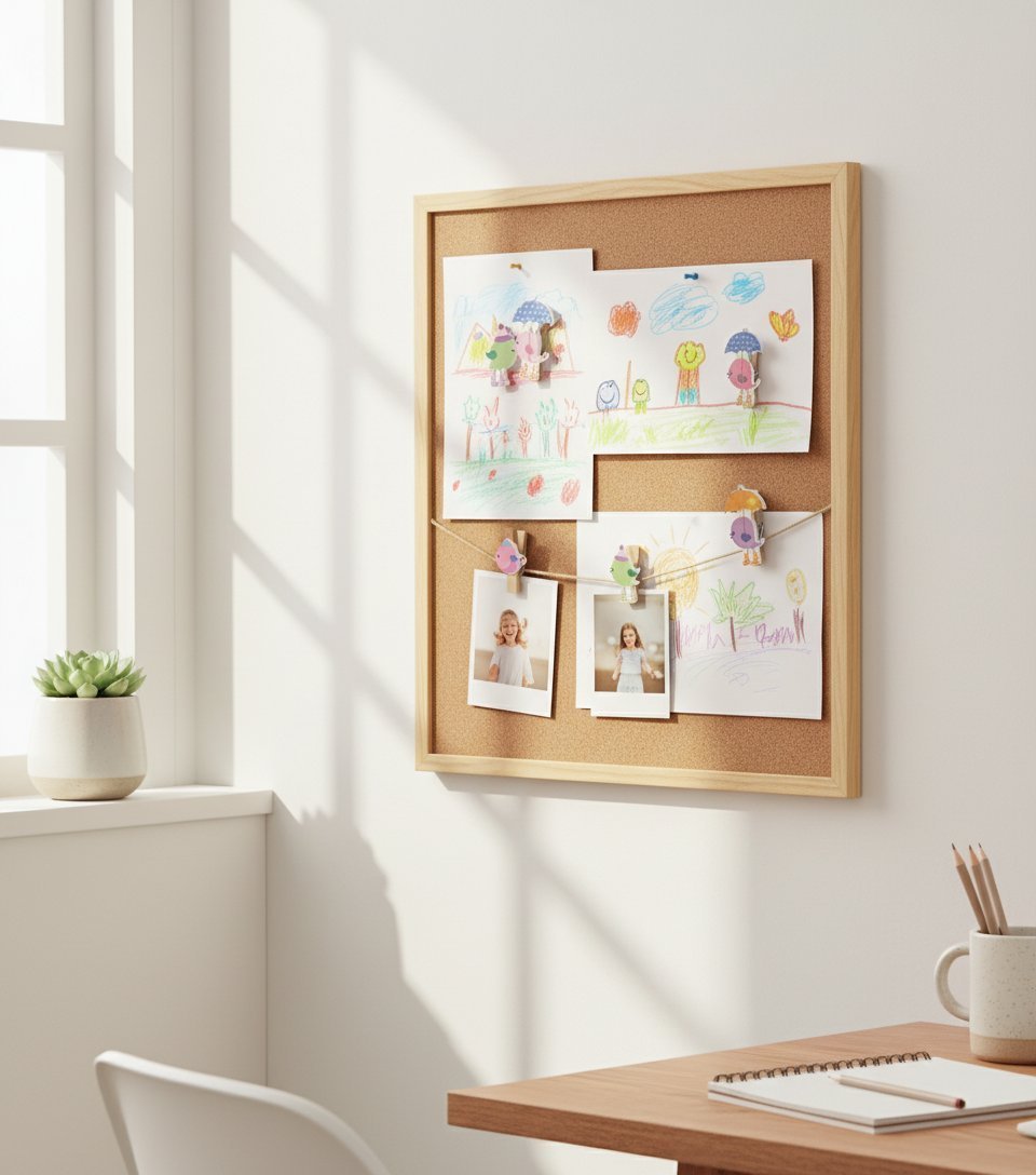Bacheca sughero con cornice legno naturale, decorata con disegni infantili, foto polaroid e mollette legno colorate a tema o