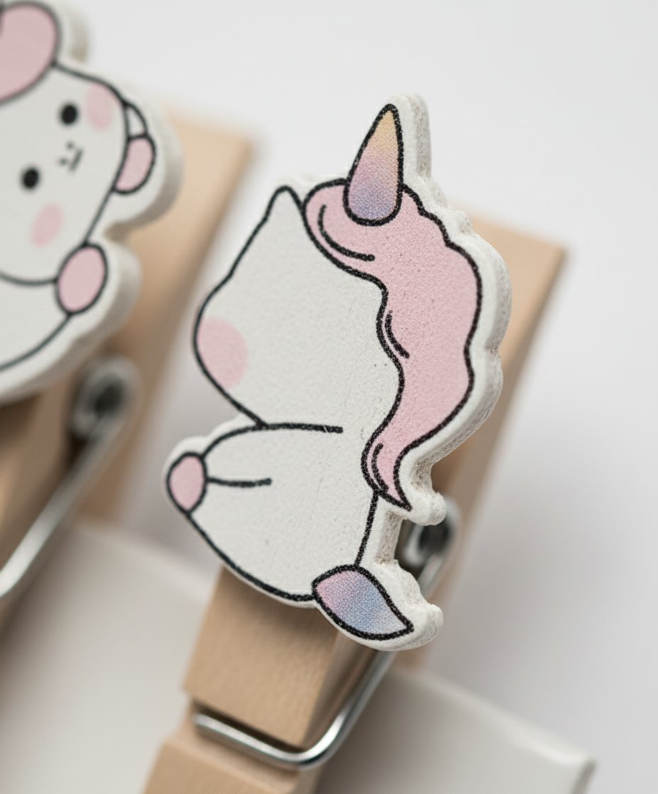 SET 10 mollette legno unicorno con design carino, colori rosa e bianco, accessori decorativi per bambini