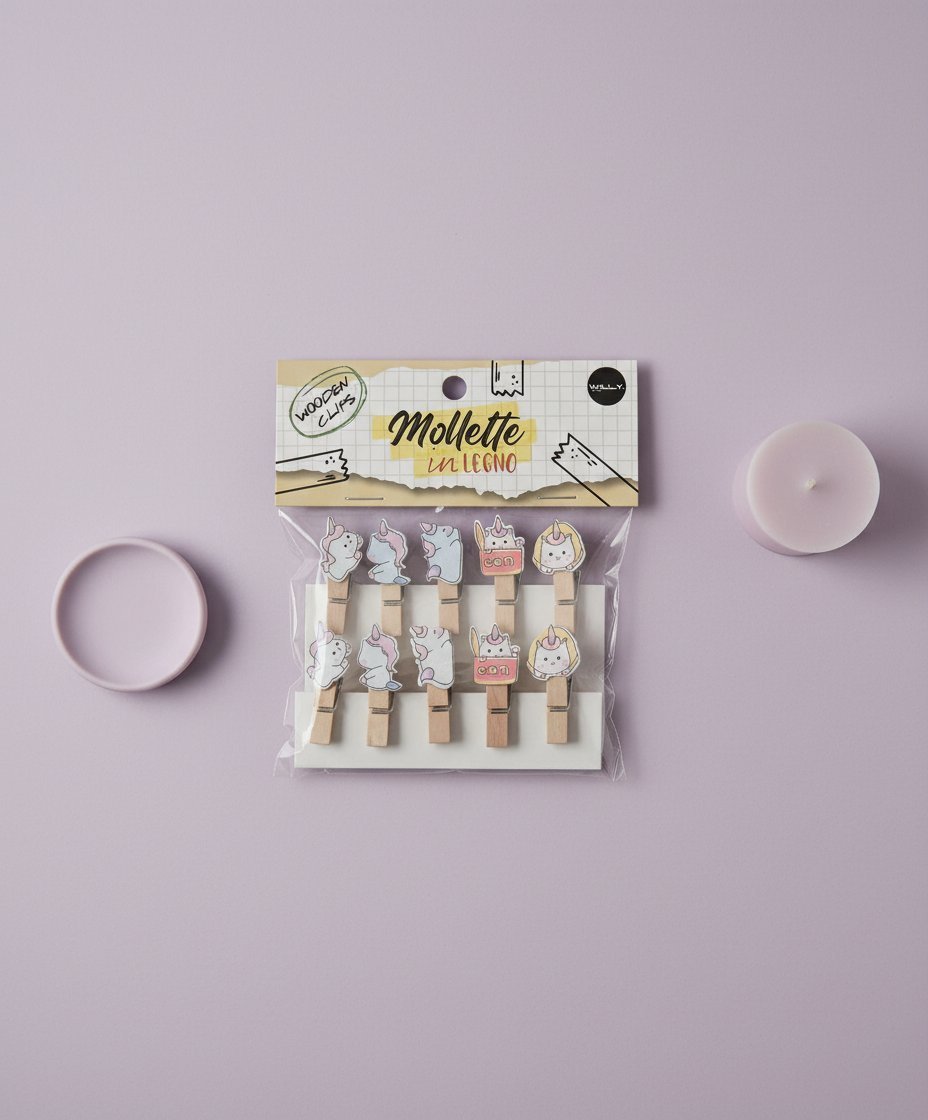 Set 10 mollette in legno con design unicorn colorati su sfondo lilla con candele profumate