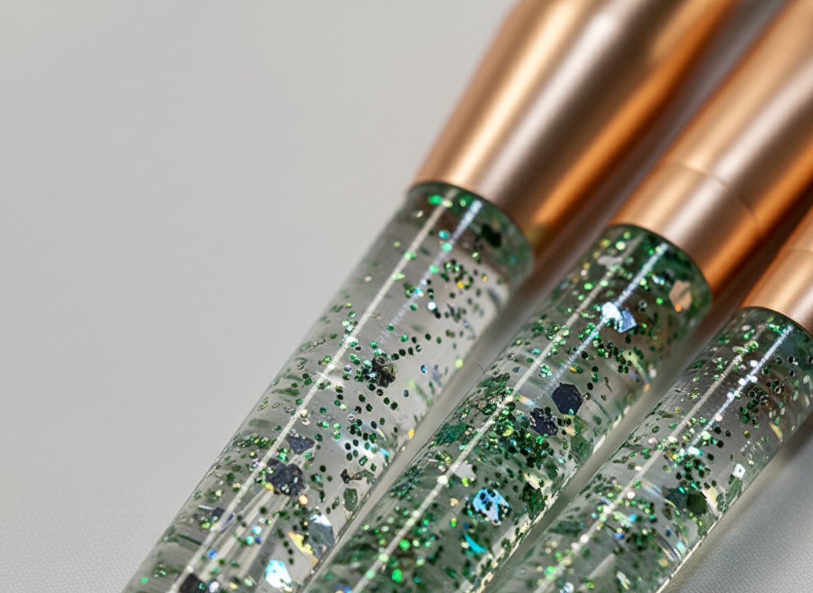 Set 5 pennelli trucco con manici rame e tubi glitter verde, nero e azzurro su sfondo grigio