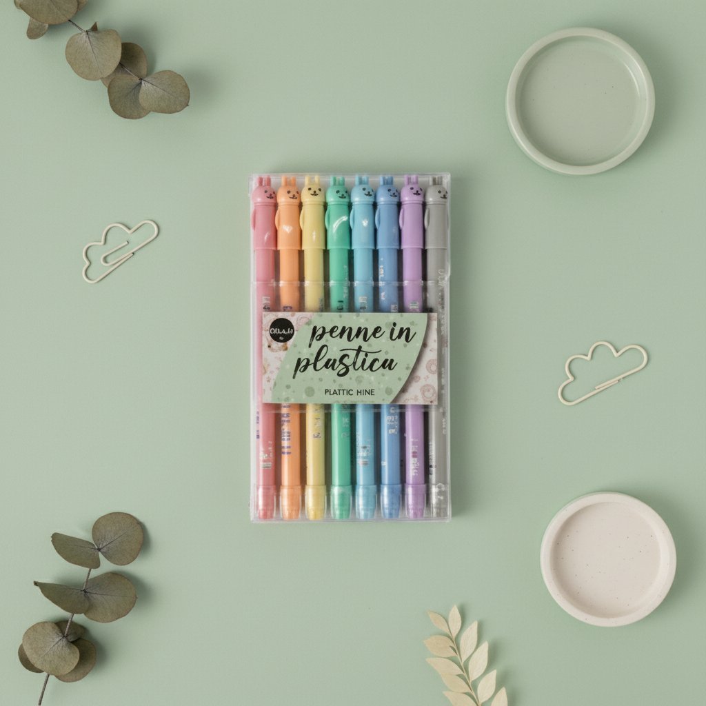 Set 8 penne colorate pastello con animali simpatici, disposto su sfondo verde con elementi decorativi naturali
