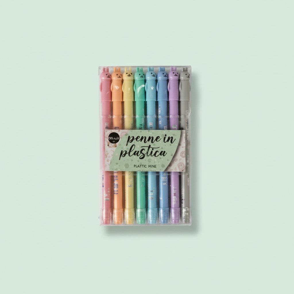 Set 8 penne colorate pastel con faccine, in custodia trasparente, tonalità rosa, arancione, giallo, verde, azzurro, blu,