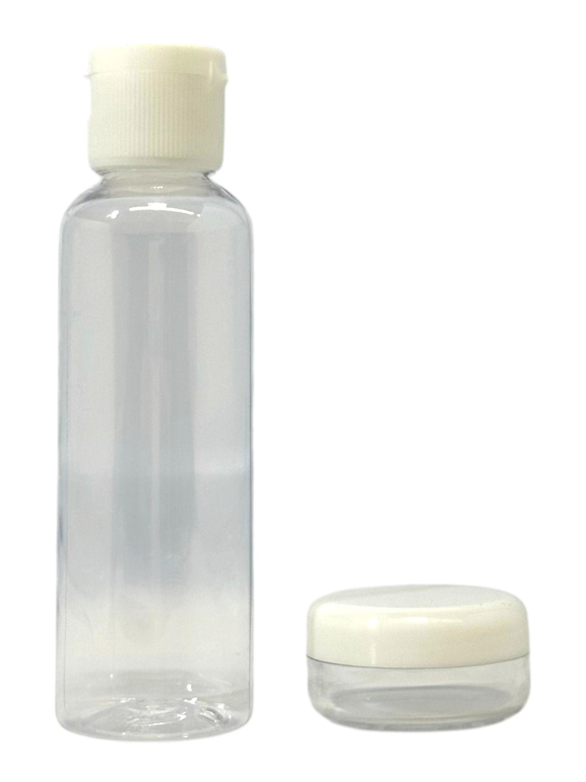 Set da viaggio contenitori trasparenti con tappi bianchi, bottiglia e barattolo vuoti da 85ml