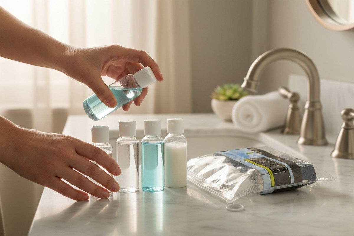 Set da viaggio contenitori 85ml trasparenti e azzurri, flaconi vuoti con tappi bianchi in bagno luminoso accanto a fazzoletti