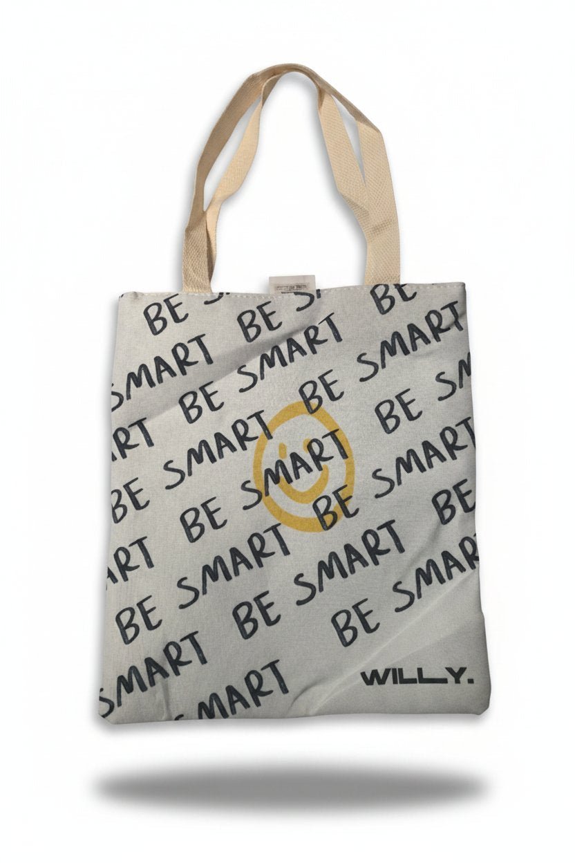 Shopper in cotone beige con stampa "Be Smart" ripetuta e logo giallo, manici in tela naturale
