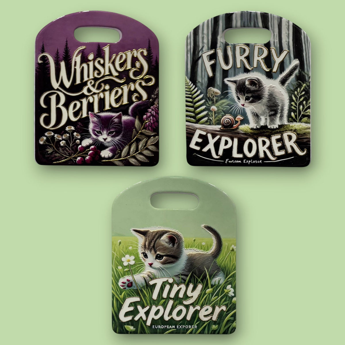 Tre sottopentola gatti: "Whiskers & Berriers" viola con gatto, "Furry Explorer" grigio con micino e lumaca, "Tiny Explorer"