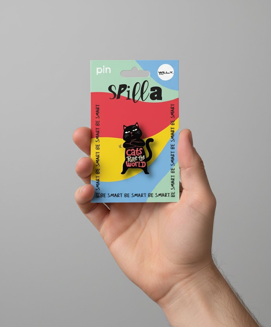 Spilla gatto nero con scritta "Cats rule the world" su sfondo colorato arcobaleno, confezione Spilla Willy Be Smart
