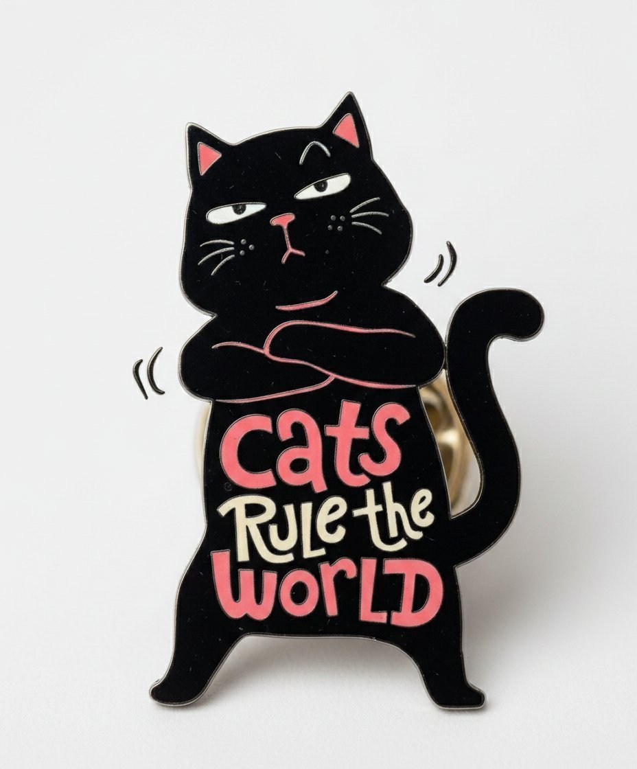 Spilla gatto nero con scritta "Cats Rule the World" in rosa e oro, zampe alzate e sorriso ironico