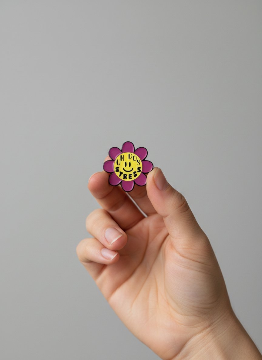 Spilla stress a forma di fiore viola con faccina sorridente gialla e scritta "Can Do Stress" tenuta in mano su sfondo grigio