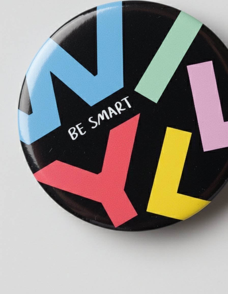 Spilla rotonda nera con forme geometriche colorate: chevron blu, barre verde, rosa, rosso e giallo. Testo "BE SMART" al