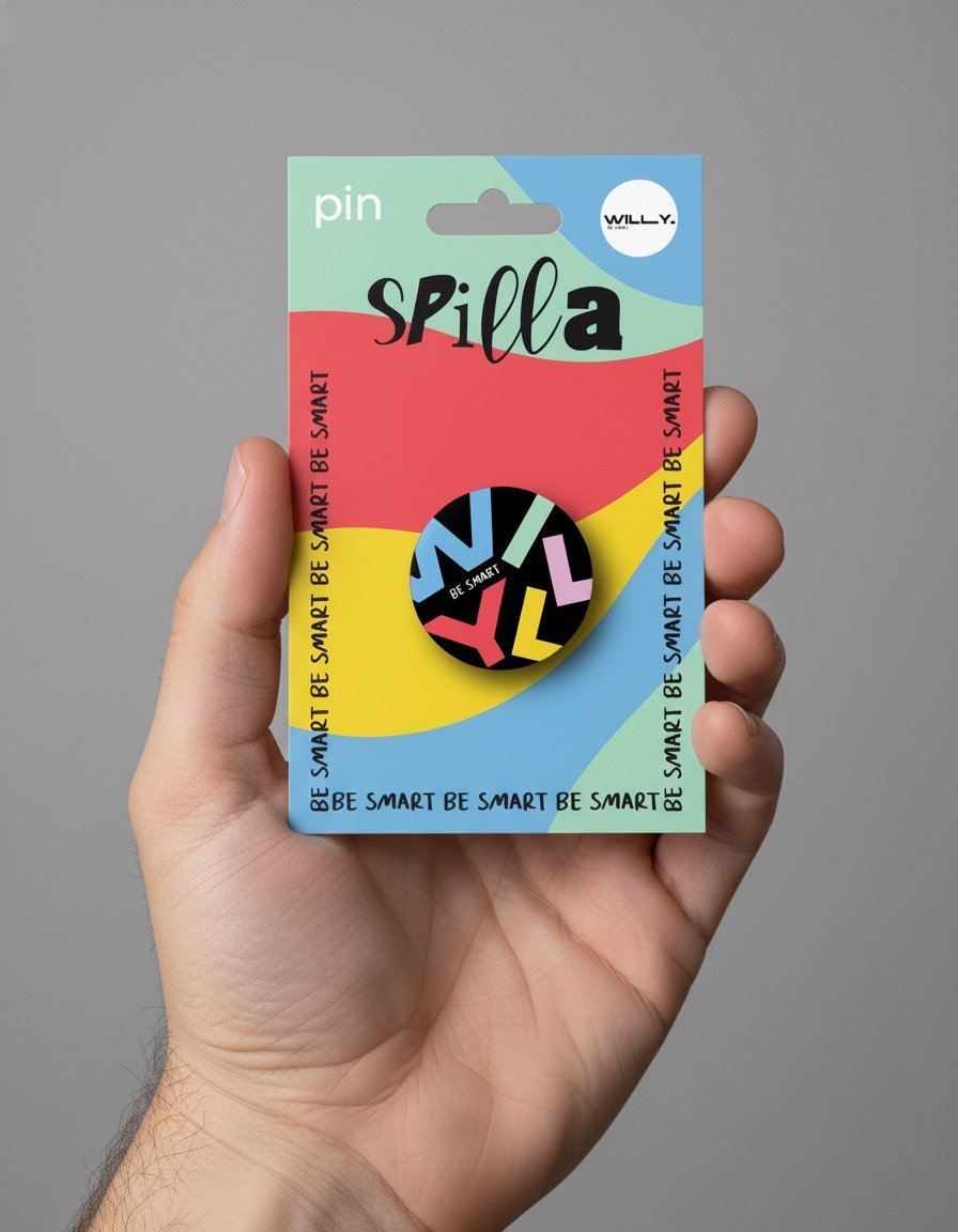 Spilla rotonda colorata con fantasia geometrica astratta in nero, blu, rosa e giallo, tenuta in mano su packaging multicolore