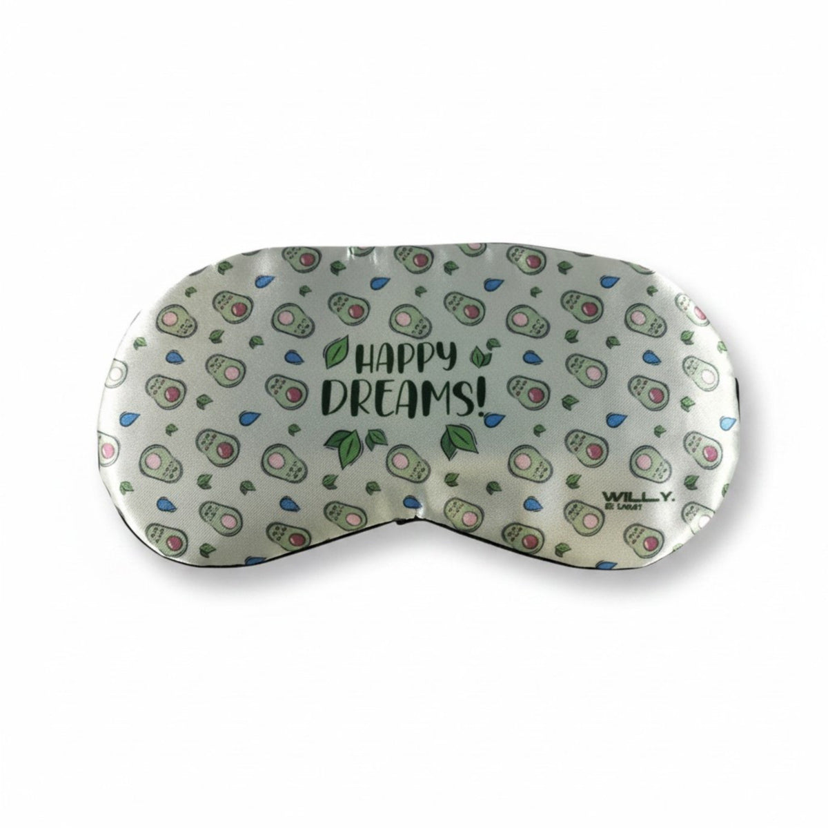 Maschera refrigerante per occhi con stampa avocado verde, foglie e scritte Happy Dreams su sfondo grigio chiaro