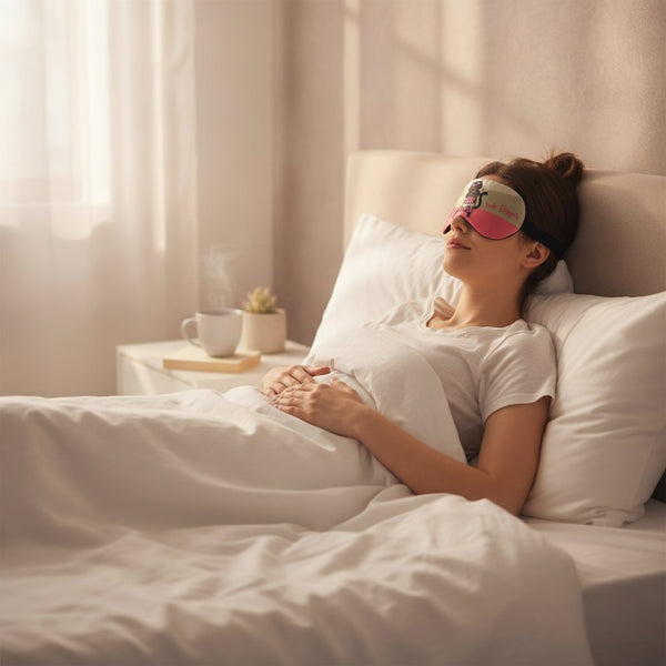 Maschera refrigerante per occhi con gatto nero e scritta Cats Rule the World, colore bianco e rosa