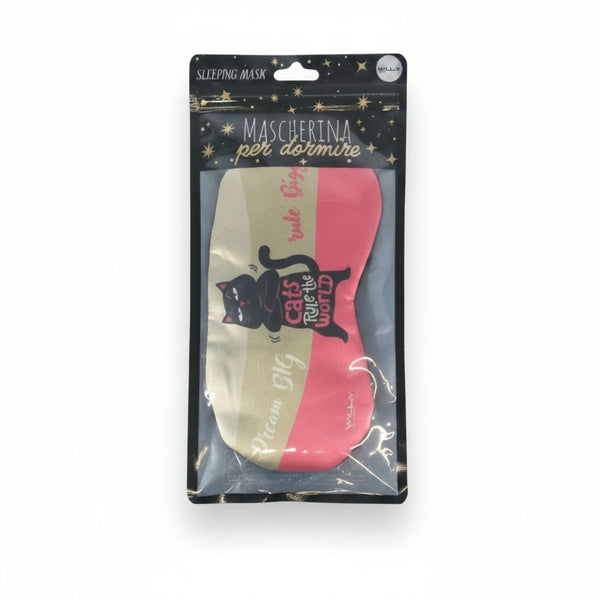 Maschera refrigerante per occhi con gatto nero e scritta Cats Rule the World, colore bianco e rosa