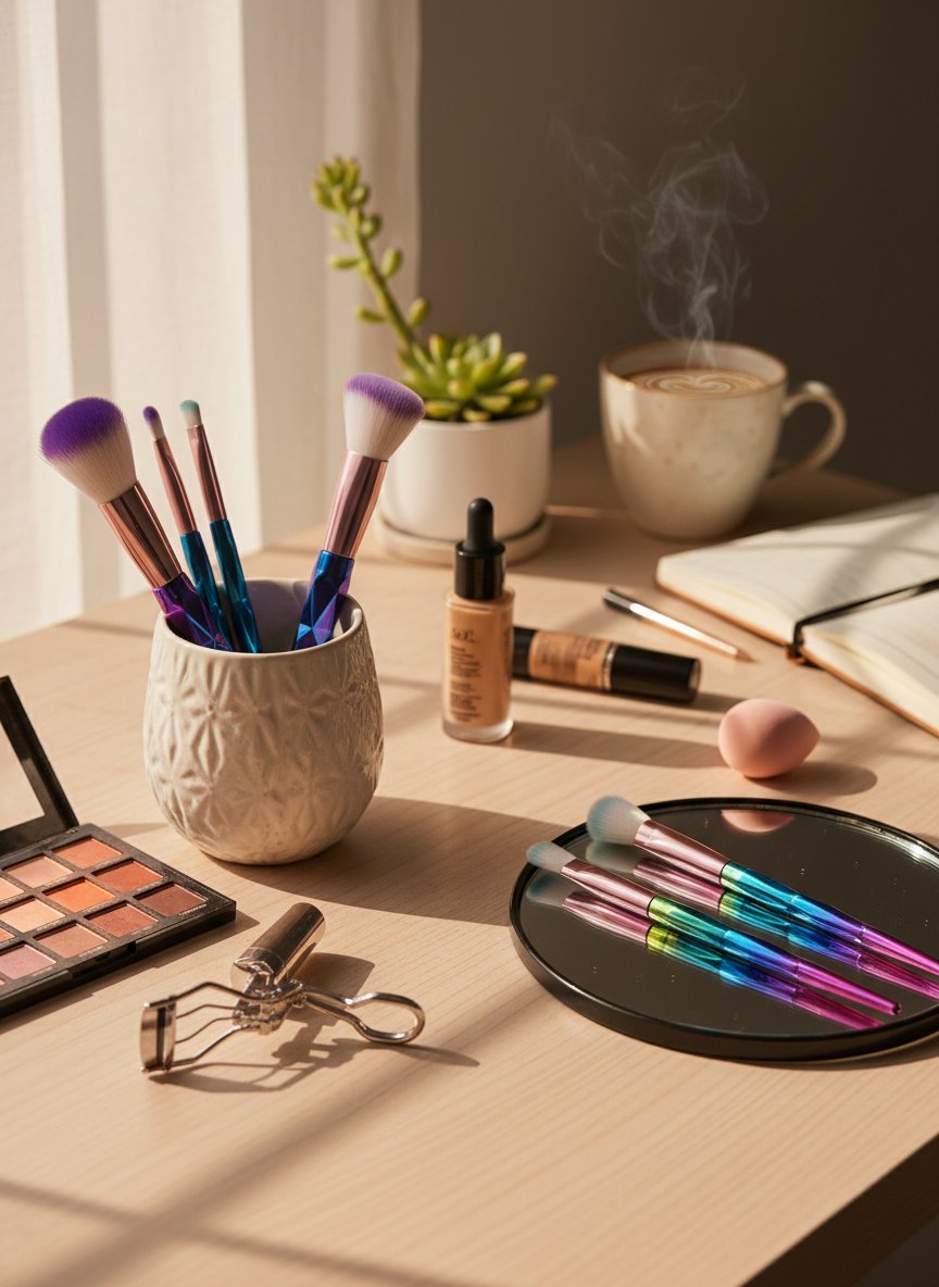 Set 5 pennelli trucco con manici sfumati blu e viola, setole colorate, in elegante ambiente da makeup artist con cosmetici