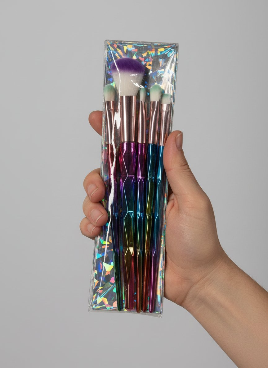 Set 5 pennelli trucco con manici metallici olografici e setole colorate, in confezione trasparente con fantasia arcobaleno