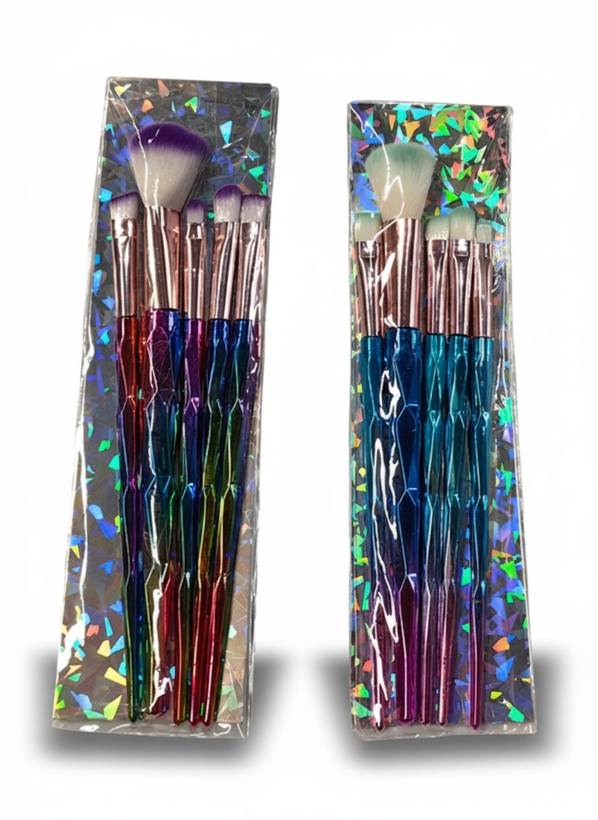 Set 5 pennelli trucco manico glitterato olografico, setole sintetiche bianche e argento, fantasia geometrica multicolore
