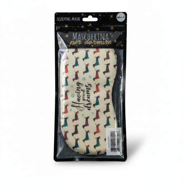 Maschera per dormire con stampa di bassotti colorati su fondo beige, con gel refrigerante e elastico nero