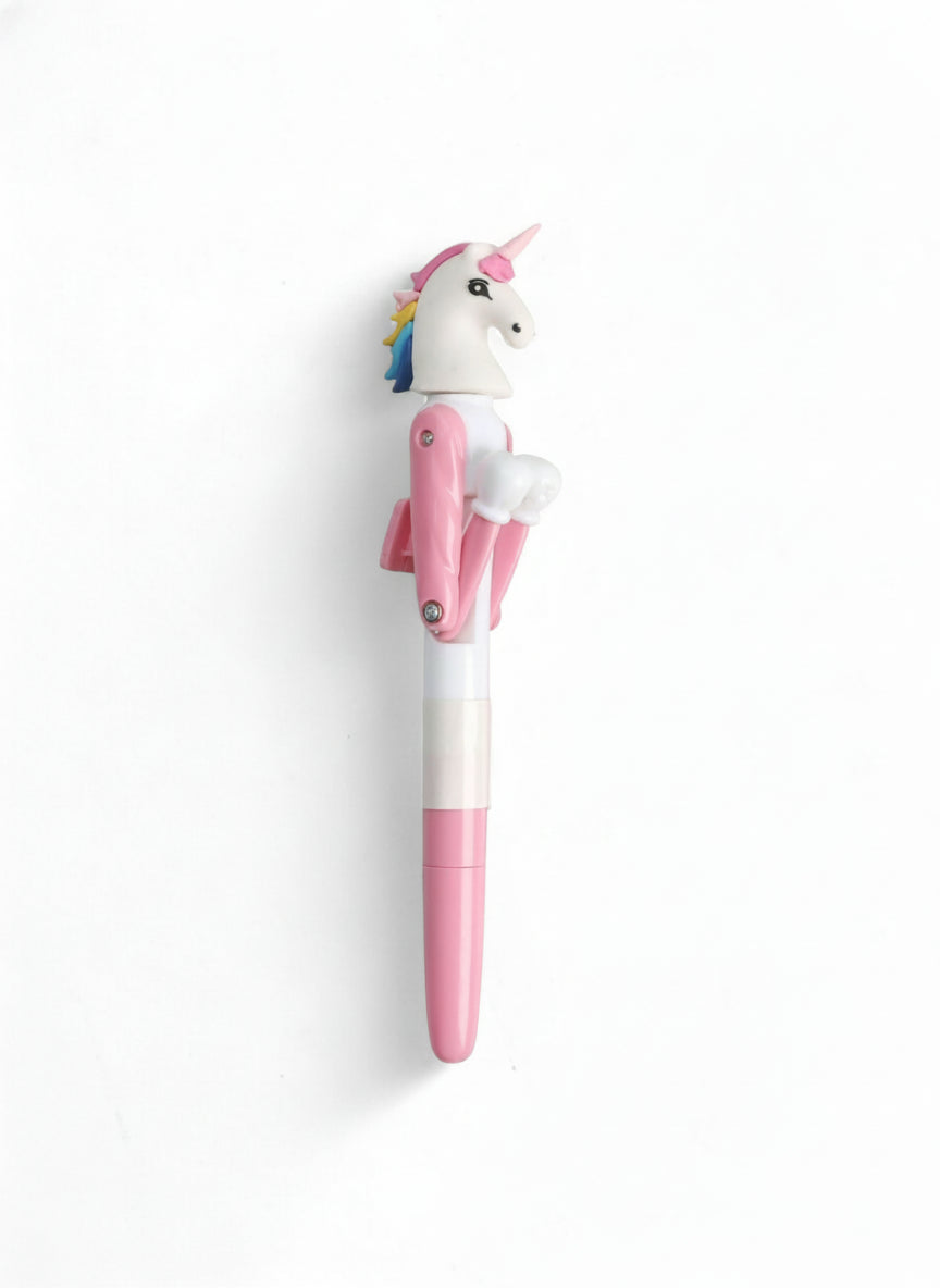 Penna con testa di unicorno bianco, criniera arcobaleno e braccia a molla con guantoni da boxe