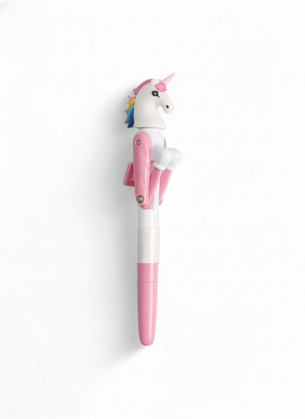 Penna con testa di unicorno bianco, criniera arcobaleno e braccia a molla con guantoni da boxe
