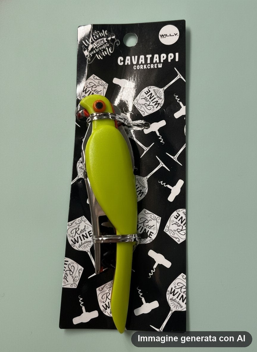 Apribottiglie a forma di pappagallo giallo con dettagli metallici su confezione nera
