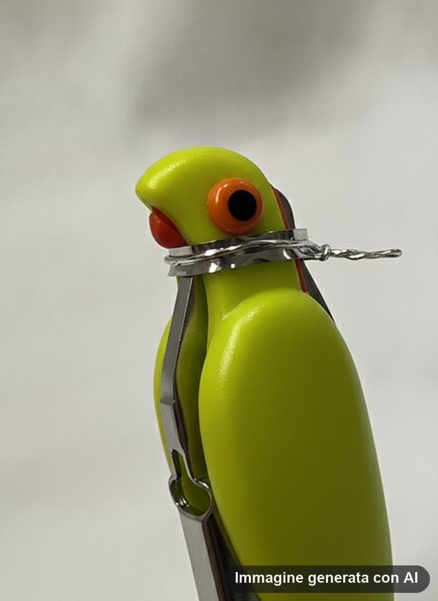 Apribottiglie a forma di pappagallo giallo con dettagli metallici su confezione nera