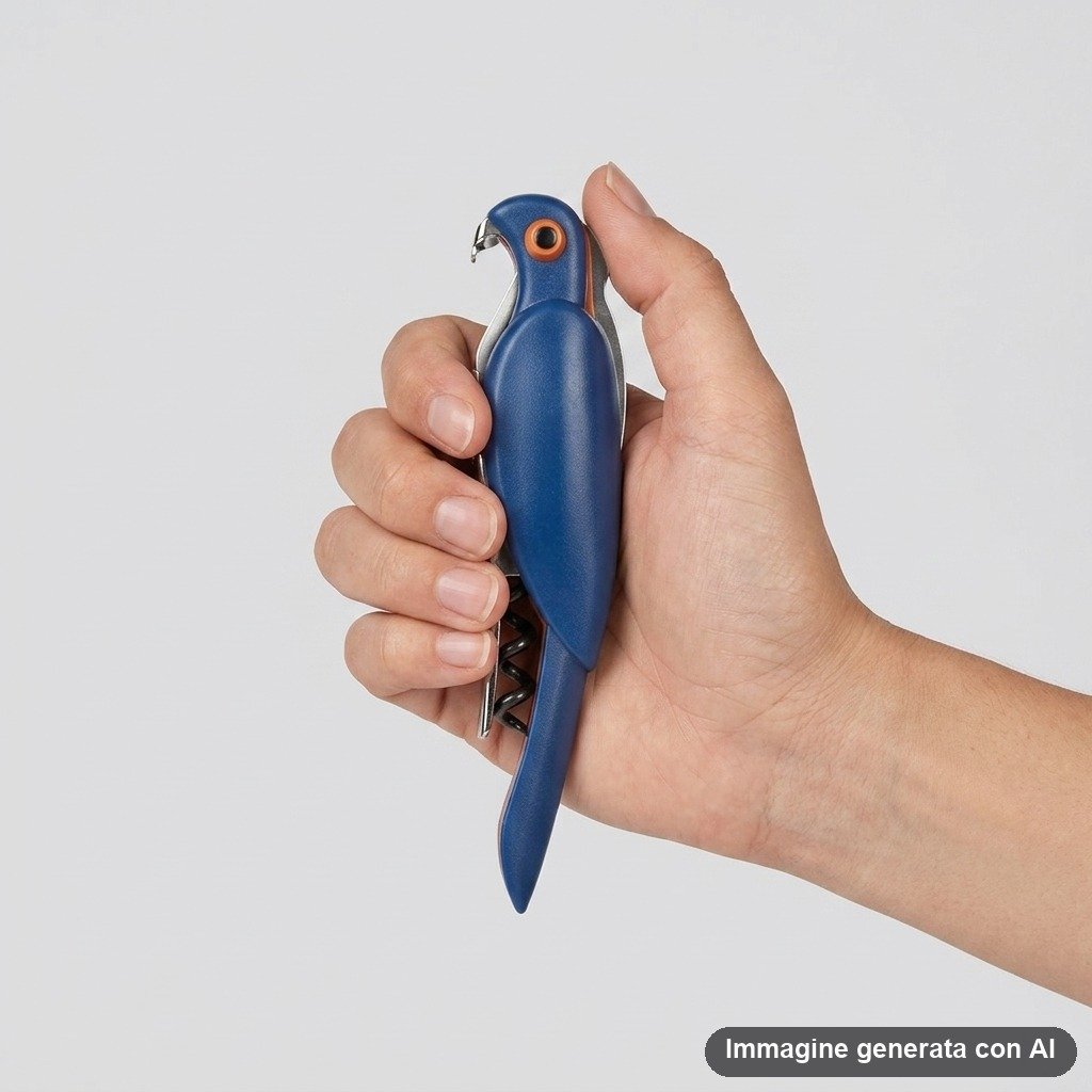 Apribottiglie a forma di pappagallo giallo con dettagli metallici su confezione nera