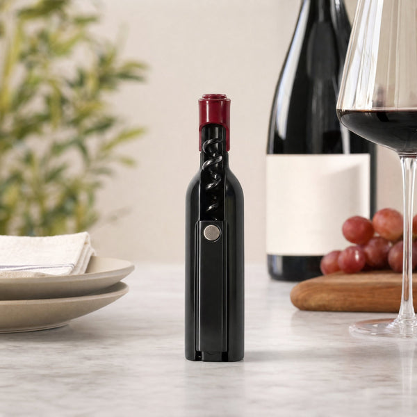 Apribottiglie cavatappi nero con tappo rosso e manico ergonomico per bottiglie di vino