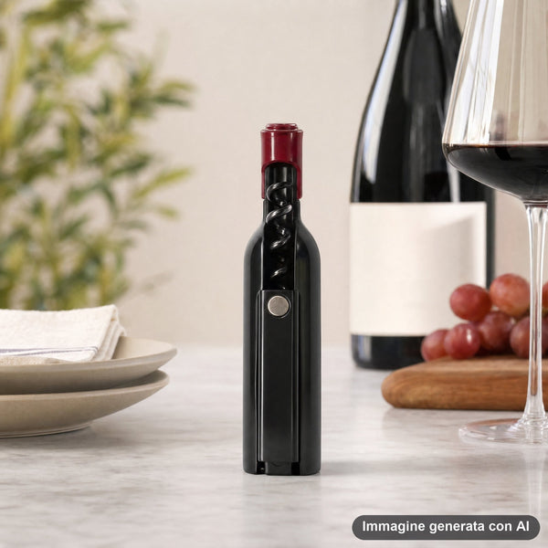 Apribottiglie cavatappi nero con tappo rosso e manico ergonomico per bottiglie di vino