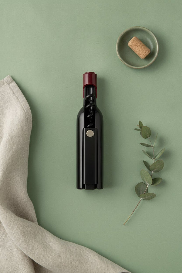 Apribottiglie cavatappi nero con tappo rosso e manico ergonomico per bottiglie di vino