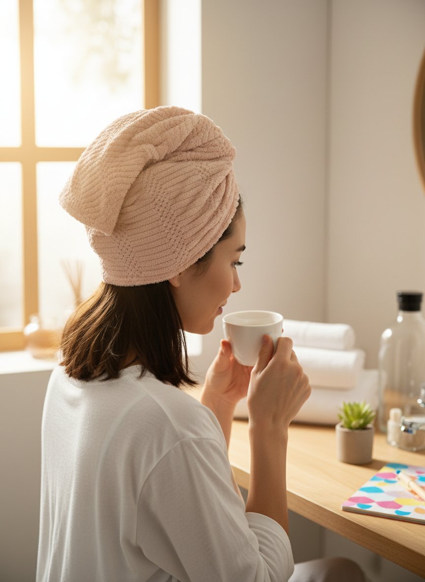 Quattro cuffie asciugacapelli in tessuto a nido d'ape nei colori rosa cipria, rosa intenso, bordeaux e beige con etichetta Ta